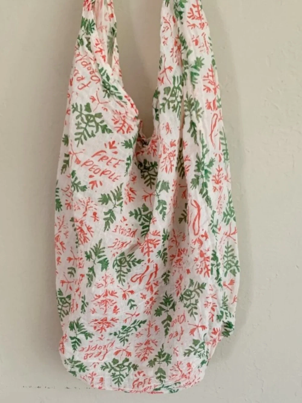 Lightweight White Tote Bag with Green & Coral Print